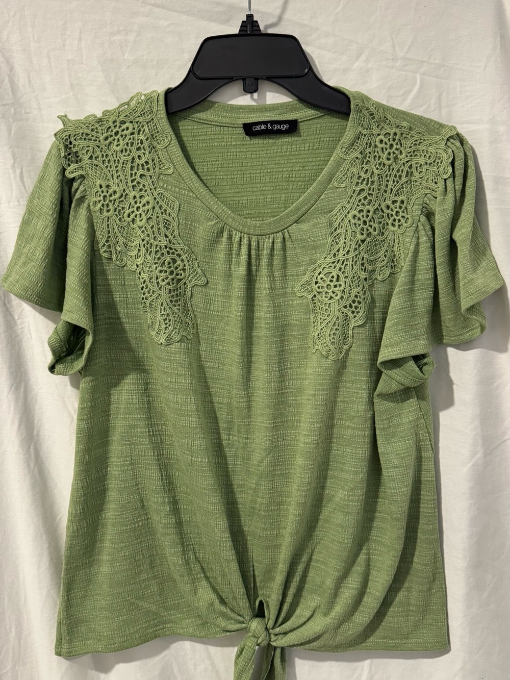 Cable & Gauge Light Olive Lace-Shoulder Tie-Front Short Sleeve Top